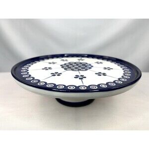 Cake Stand Pedestal Plate Peacock Pattern Cobalt Blue 11” Ceramic Pottery